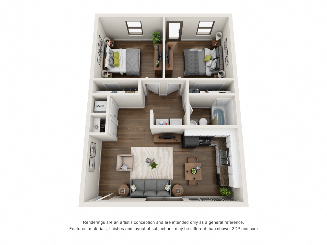 Floor plan for 2 beds, 1 bath, 800 sqft